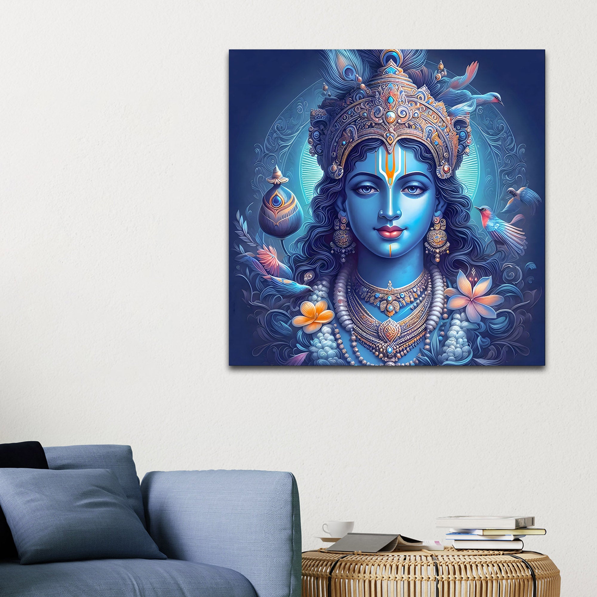 Lord Shri Krishna Mystical Blue Portrait Art – Modern Spiritual Canvas Wall Painting