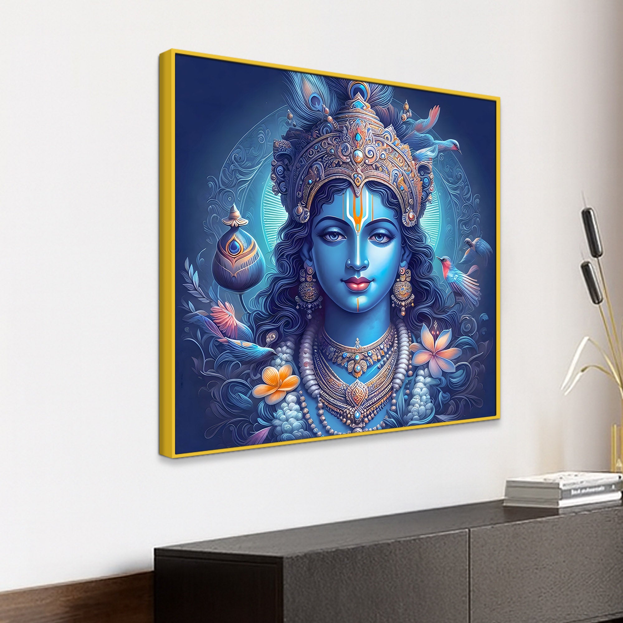 Lord Shri Krishna Mystical Blue Portrait Art – Modern Spiritual Canvas Wall Painting