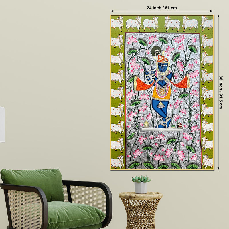Lord Shri Krishna Playing Bansuri In Lotus Garden Pichwai Canvas Wall Painting