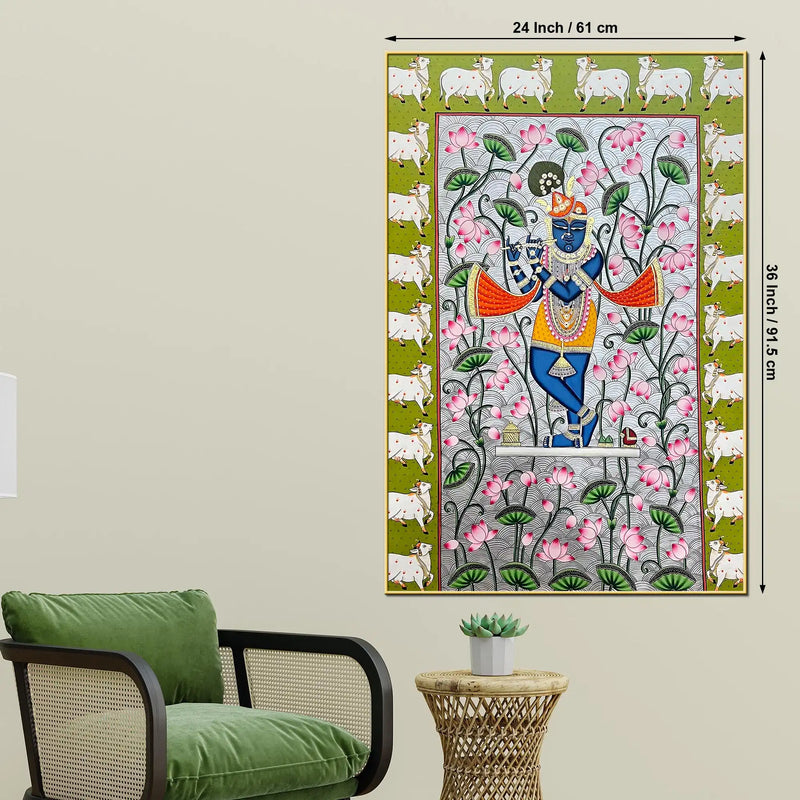 Lord Shri Krishna Playing Bansuri In Lotus Garden Pichwai Canvas Wall Painting