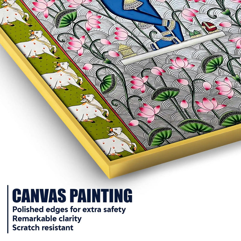 Lord Shri Krishna Playing Bansuri In Lotus Garden Pichwai Canvas Wall Painting