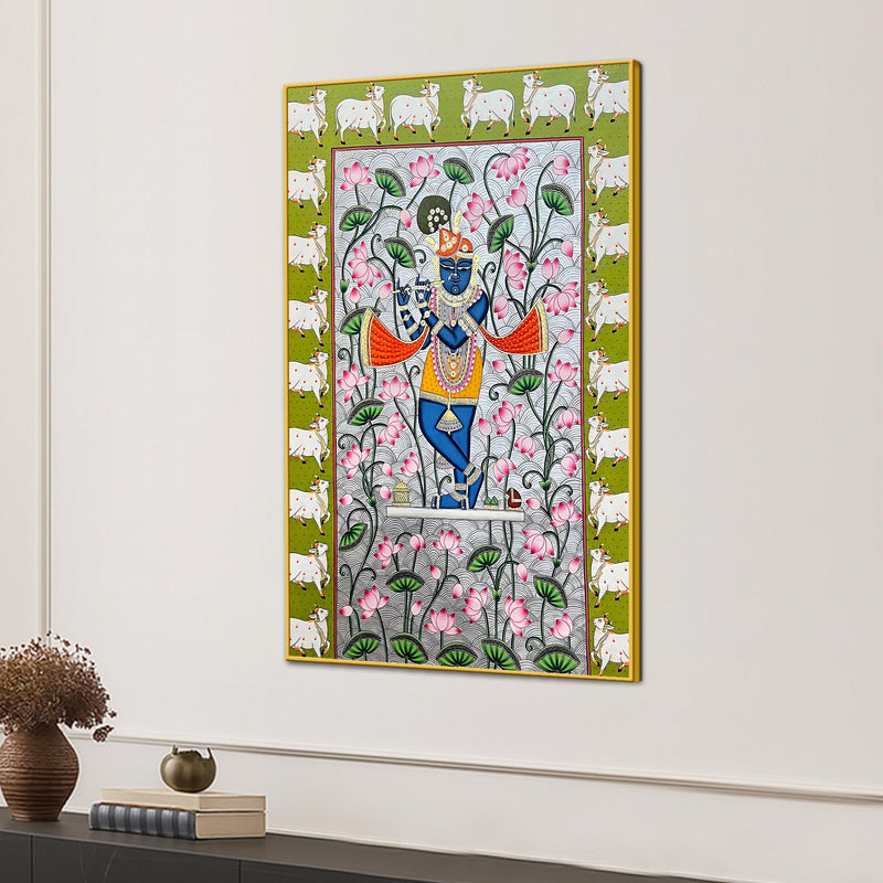 Lord Shri Krishna Playing Bansuri In Lotus Garden Pichwai Canvas Wall Painting
