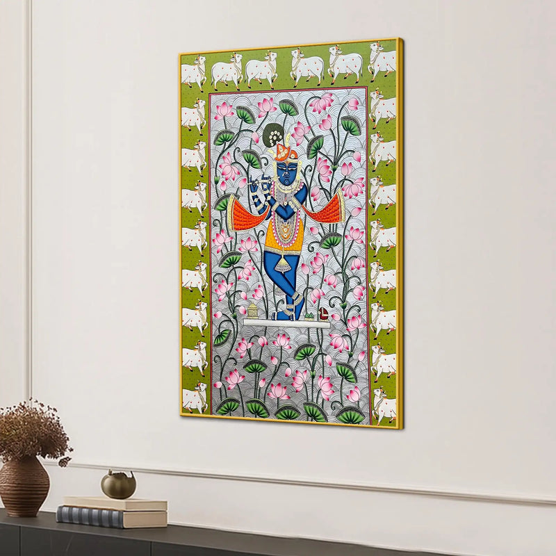 Lord Shri Krishna Playing Bansuri In Lotus Garden Pichwai Canvas Wall Painting