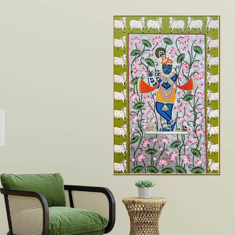 Lord Shri Krishna Playing Bansuri In Lotus Garden Pichwai Canvas Wall Painting