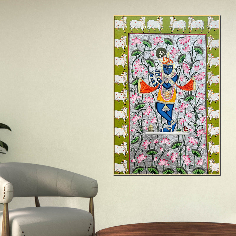 Lord Shri Krishna Playing Bansuri In Lotus Garden Pichwai Canvas Wall Painting