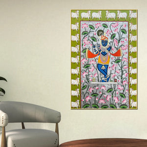 Lord Shri Krishna Playing Bansuri In Lotus Garden Pichwai Canvas Wall Painting