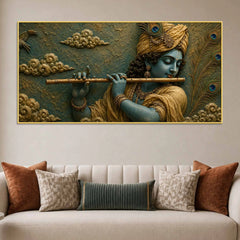 Lord Shri Krishna Playing Flute 3D Bas-Relief Type Canvas Wall Painting