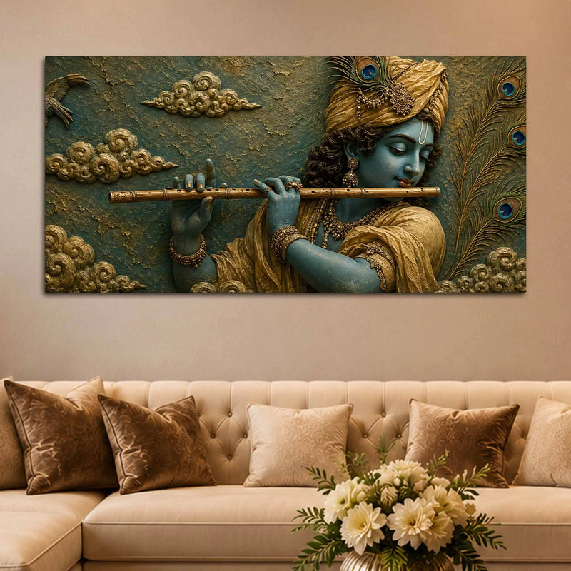 Lord Shri Krishna Playing Flute 3D Bas-Relief Type Canvas Wall Painting