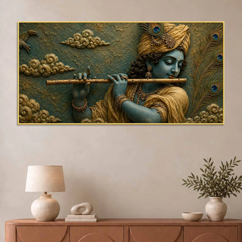 Lord Shri Krishna Playing Flute 3D Bas-Relief Type Canvas Wall Painting