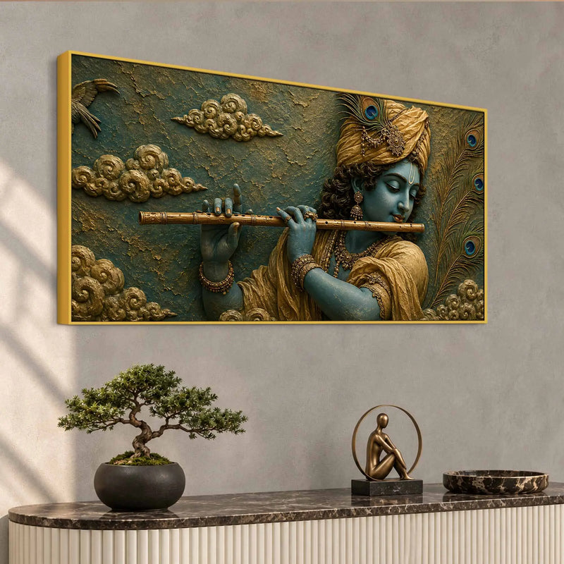 Lord Shri Krishna Playing Flute 3D Bas-Relief Type Canvas Wall Painting