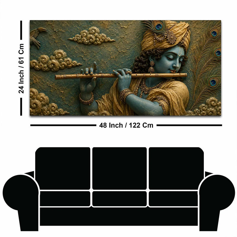 Lord Shri Krishna Playing Flute 3D Bas-Relief Type Canvas Wall Painting