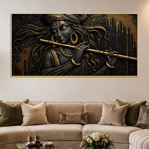 Lord Shri Krishna Playing Flute Black & Gold Metallic Look 3D Canvas Wall Painting