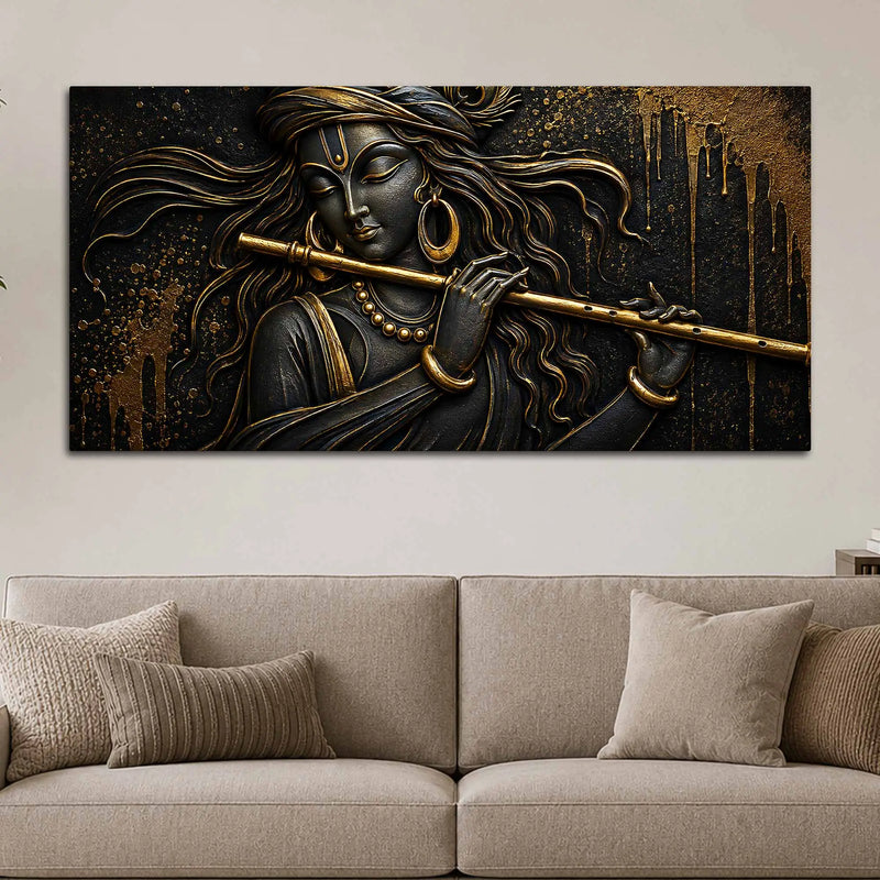 Lord Shri Krishna Playing Flute Black & Gold Metallic Look 3D Canvas Wall Painting