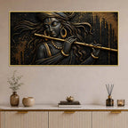 Lord Shri Krishna Playing Flute Black & Gold Metallic Look 3D Canvas Wall Painting