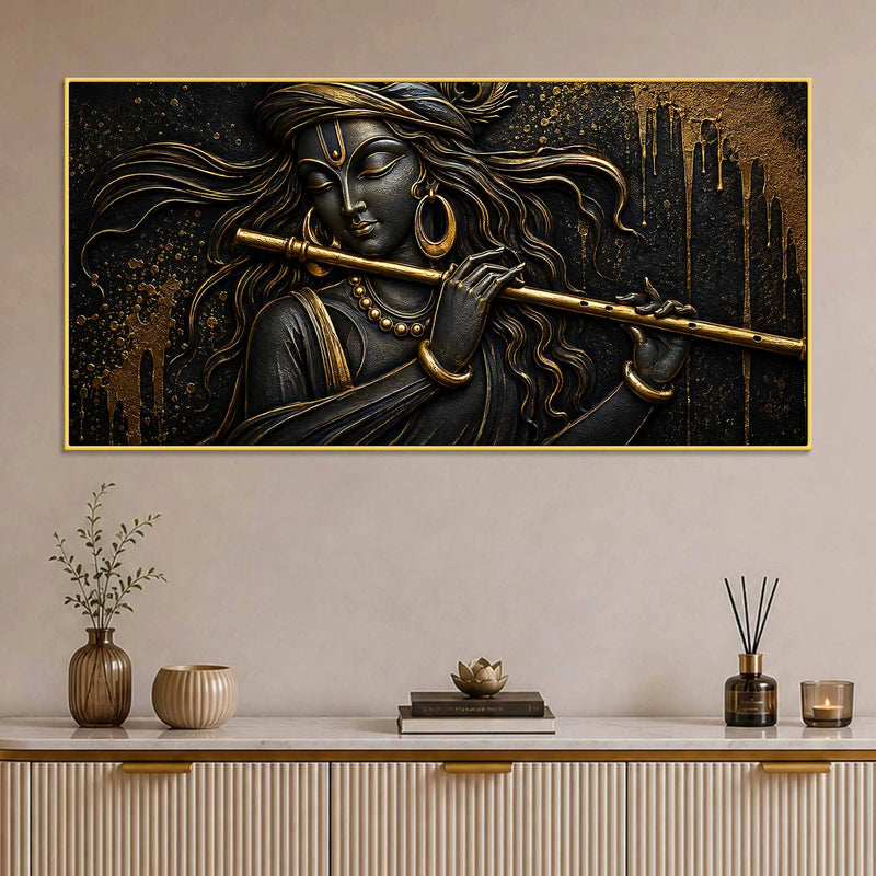 Lord Shri Krishna Playing Flute Black & Gold Metallic Look 3D Canvas Wall Painting