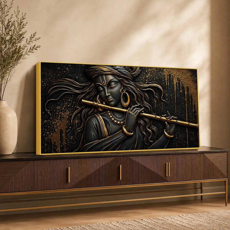 Lord Shri Krishna Playing Flute Black & Gold Metallic Look 3D Canvas Wall Painting