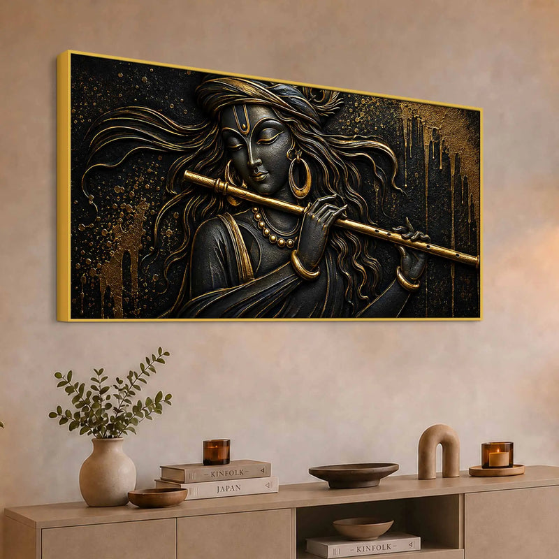 Lord Shri Krishna Playing Flute Black & Gold Metallic Look 3D Canvas Wall Painting