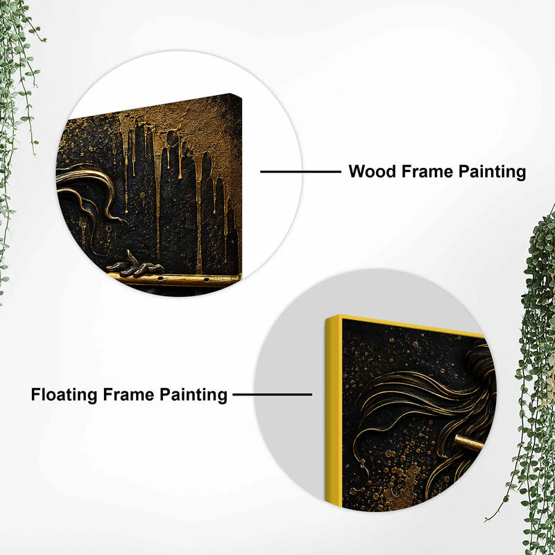 Lord Shri Krishna Playing Flute Black & Gold Metallic Look 3D Canvas Wall Painting