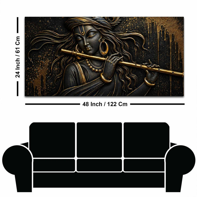 Lord Shri Krishna Playing Flute Black & Gold Metallic Look 3D Canvas Wall Painting