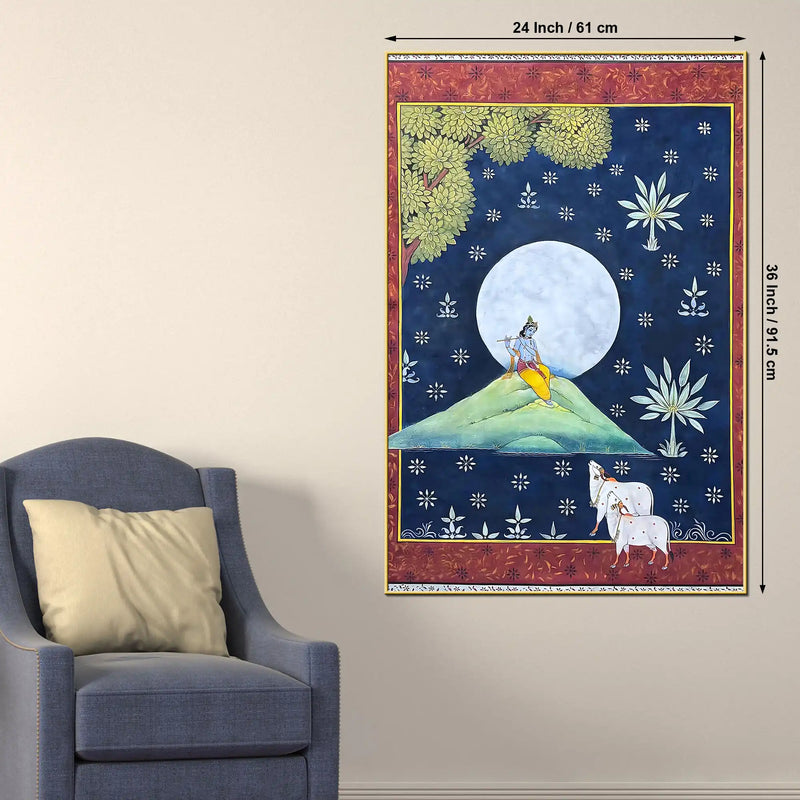Lord Shri Krishna Playing Flute Under Moon with Cow Pichwai Canvas Wall Painting
