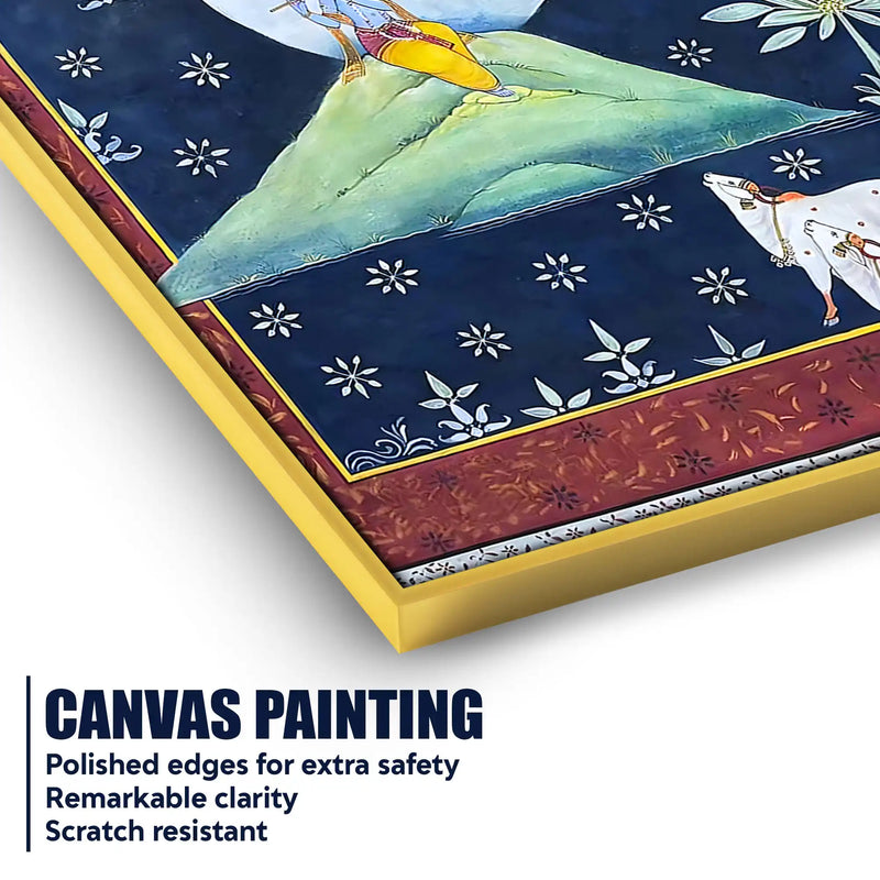 Lord Shri Krishna Playing Flute Under Moon with Cow Pichwai Canvas Wall Painting