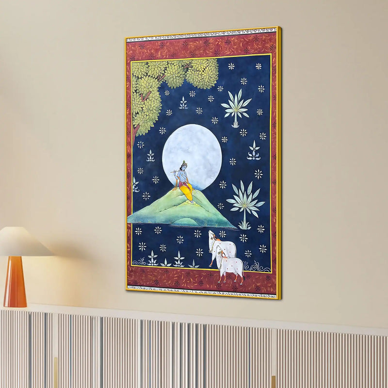 Lord Shri Krishna Playing Flute Under Moon with Cow Pichwai Canvas Wall Painting