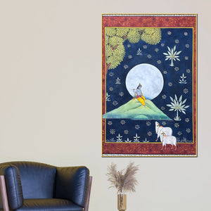 Lord Shri Krishna Playing Flute Under Moon with Cow Pichwai Canvas Wall Painting