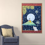 Lord Shri Krishna Playing Flute Under Moon with Cow Pichwai Canvas Wall Painting