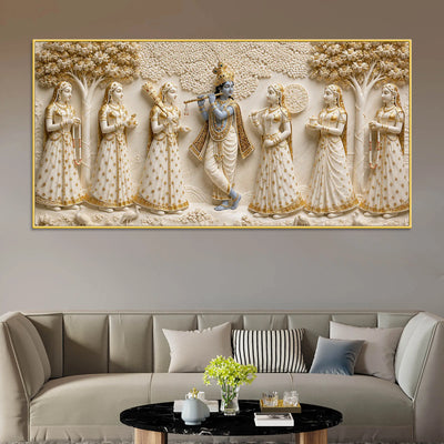 Lord Shri Krishna Playing Flute with Gopis 3D Canvas Wall Painting