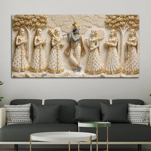 Lord Shri Krishna Playing Flute with Gopis 3D Canvas Wall Painting