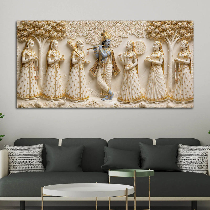 Lord Shri Krishna Playing Flute with Gopis 3D Canvas Wall Painting