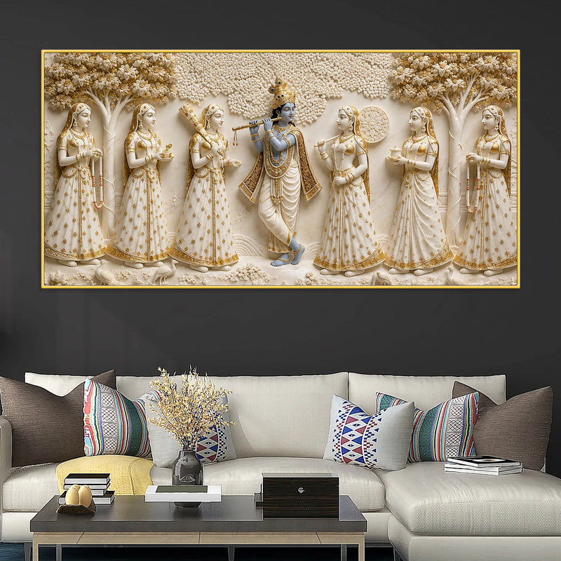 Lord Shri Krishna Playing Flute with Gopis 3D Canvas Wall Painting