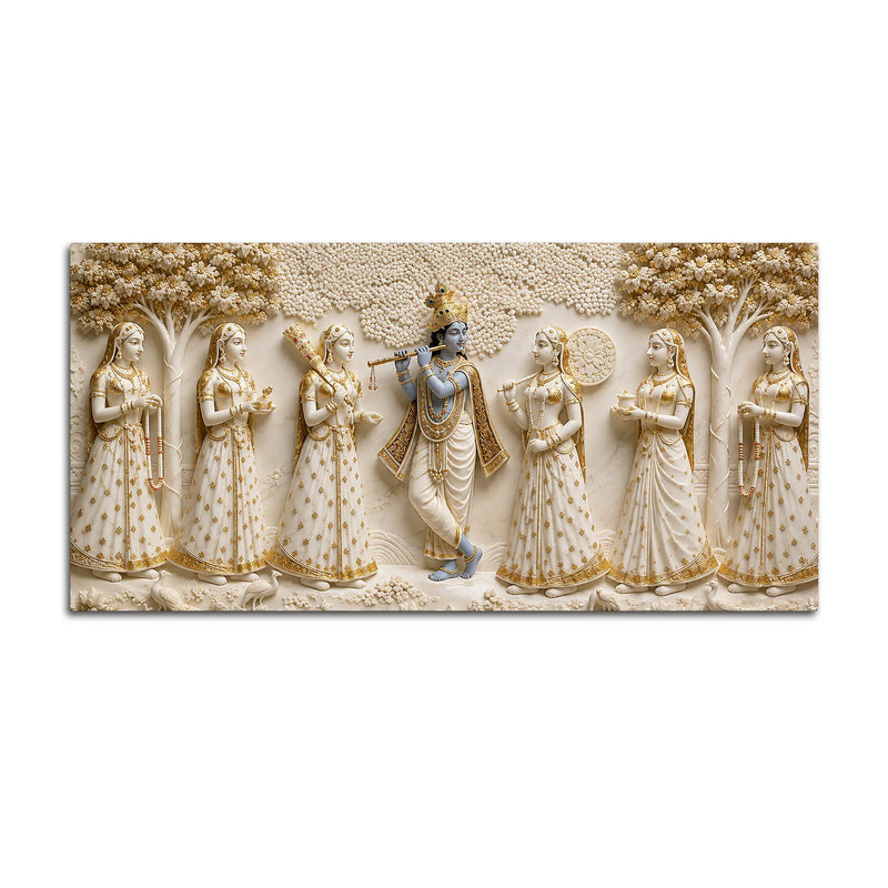 Lord Shri Krishna Playing Flute with Gopis 3D Canvas Wall Painting