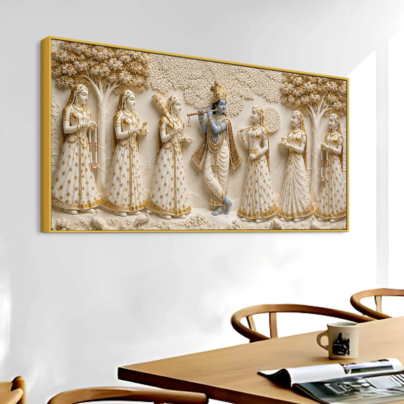 Lord Shri Krishna Playing Flute with Gopis 3D Canvas Wall Painting