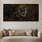 Lord Shri Krishna Playing Flute with Peacocks Metallic Look 3D Canvas Wall Painting