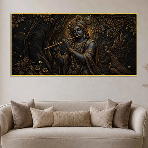 Lord Shri Krishna Playing Flute with Peacocks Metallic Look 3D Canvas Wall Painting