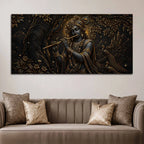Lord Shri Krishna Playing Flute with Peacocks Metallic Look 3D Canvas Wall Painting