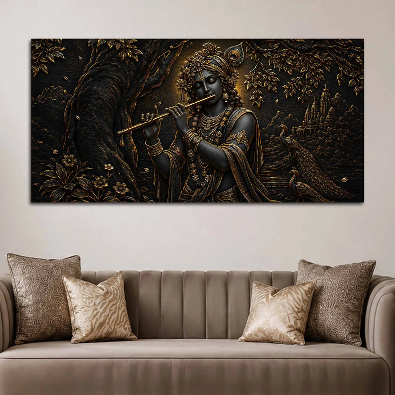 Lord Shri Krishna Playing Flute with Peacocks Metallic Look 3D Canvas Wall Painting