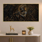 Lord Shri Krishna Playing Flute with Peacocks Metallic Look 3D Canvas Wall Painting