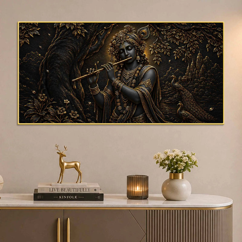 Lord Shri Krishna Playing Flute with Peacocks Metallic Look 3D Canvas Wall Painting