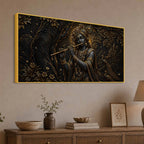 Lord Shri Krishna Playing Flute with Peacocks Metallic Look 3D Canvas Wall Painting