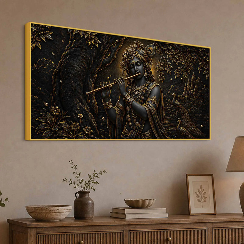 Lord Shri Krishna Playing Flute with Peacocks Metallic Look 3D Canvas Wall Painting