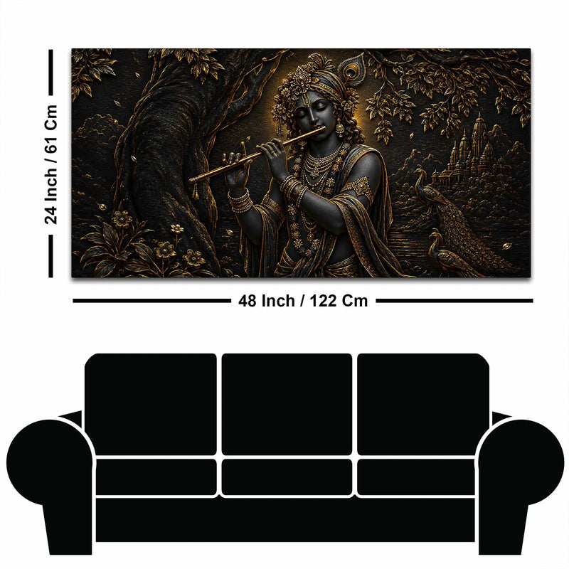 Lord Shri Krishna Playing Flute with Peacocks Metallic Look 3D Canvas Wall Painting
