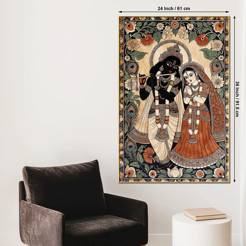 Lord Shri Krishna Playing Flute with Shri Radha Traditional Canvas Wall Painting