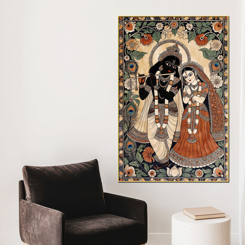 Lord Shri Krishna Playing Flute with Shri Radha Traditional Canvas Wall Painting