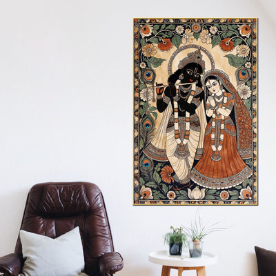Lord Shri Krishna Playing Flute with Shri Radha Traditional Canvas Wall Painting