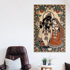 Lord Shri Krishna Playing Flute with Shri Radha Traditional Canvas Wall Painting
