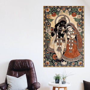 Lord Shri Krishna Playing Flute with Shri Radha Traditional Canvas Wall Painting