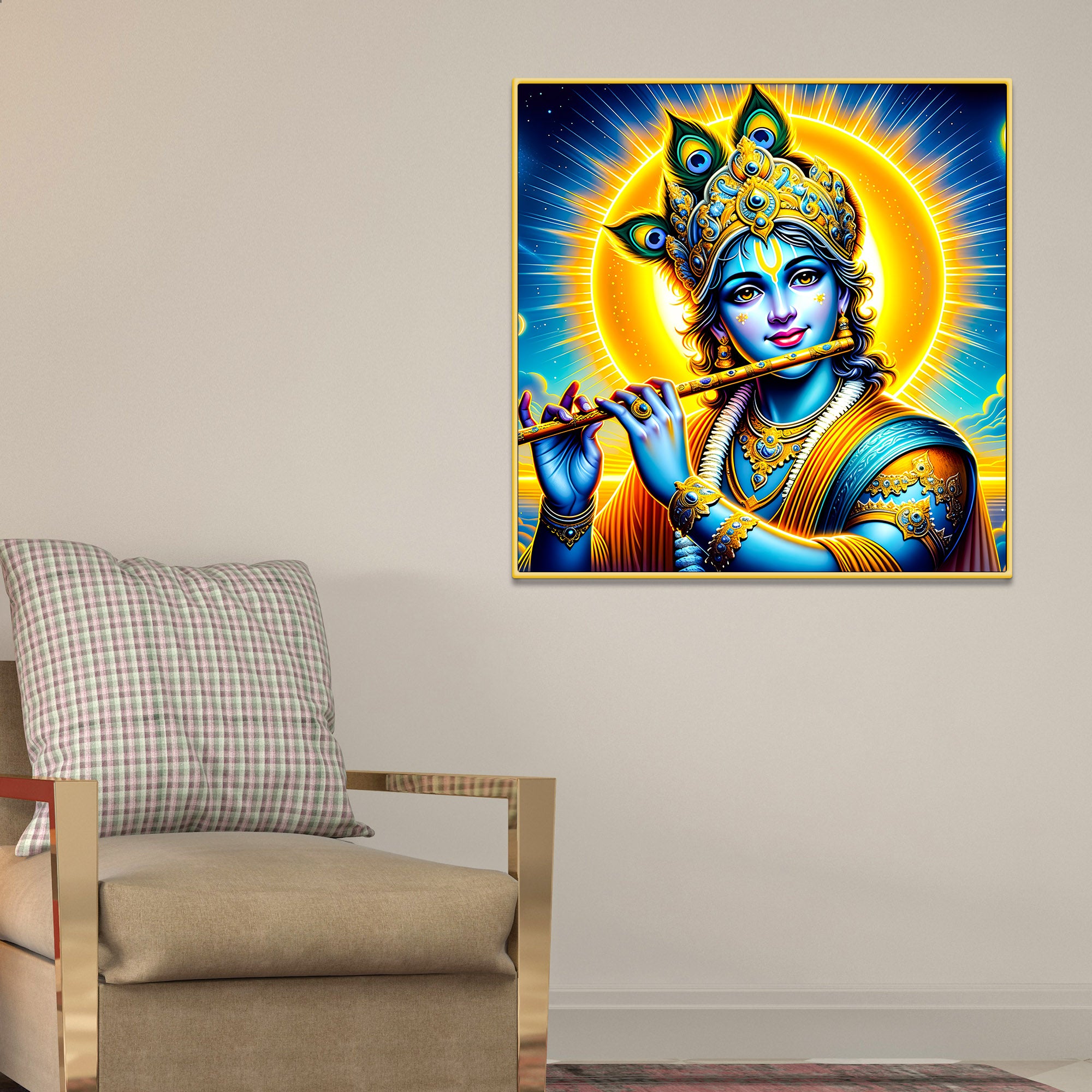 Lord Shri Krishna Playing Golden Flute Portrait Art – Modern Spiritual Canvas Wall Painting
