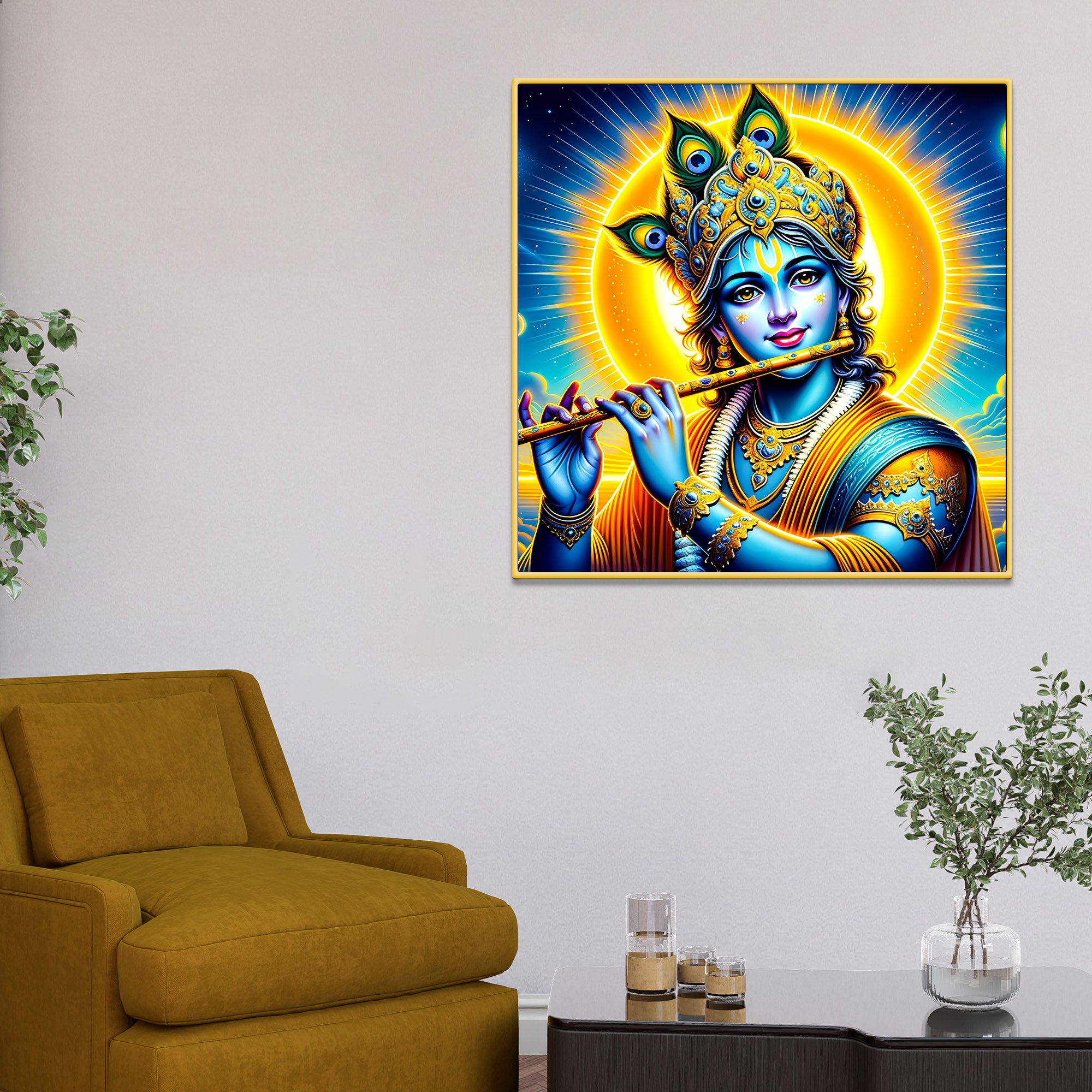 Lord Shri Krishna Playing Golden Flute Portrait Art – Modern Spiritual Canvas Wall Painting